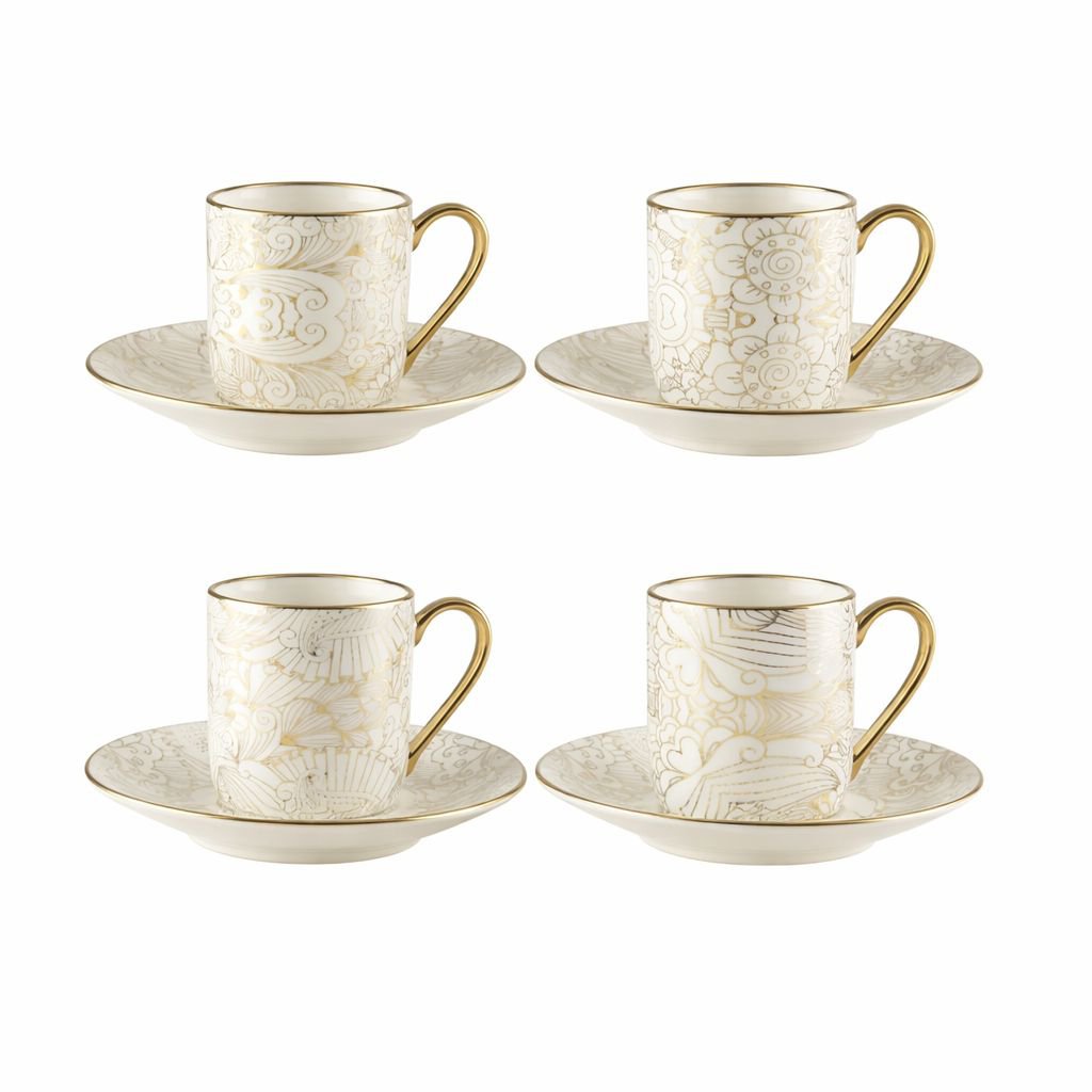 Ceramic coffee cups with abstract saucers, set of 4
