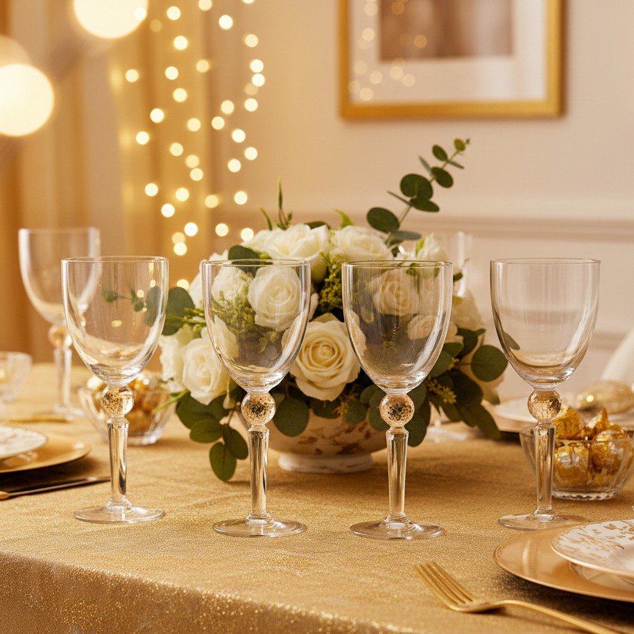 Glass wine glasses with yellow diamond foot, set of 4