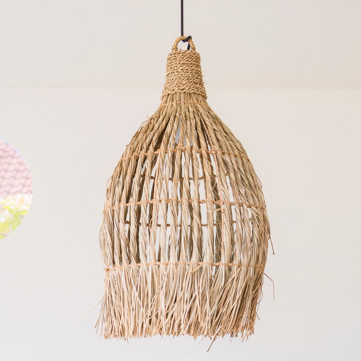 Seagrass pendant light Ø 40 cm – funnel shape, beige and green