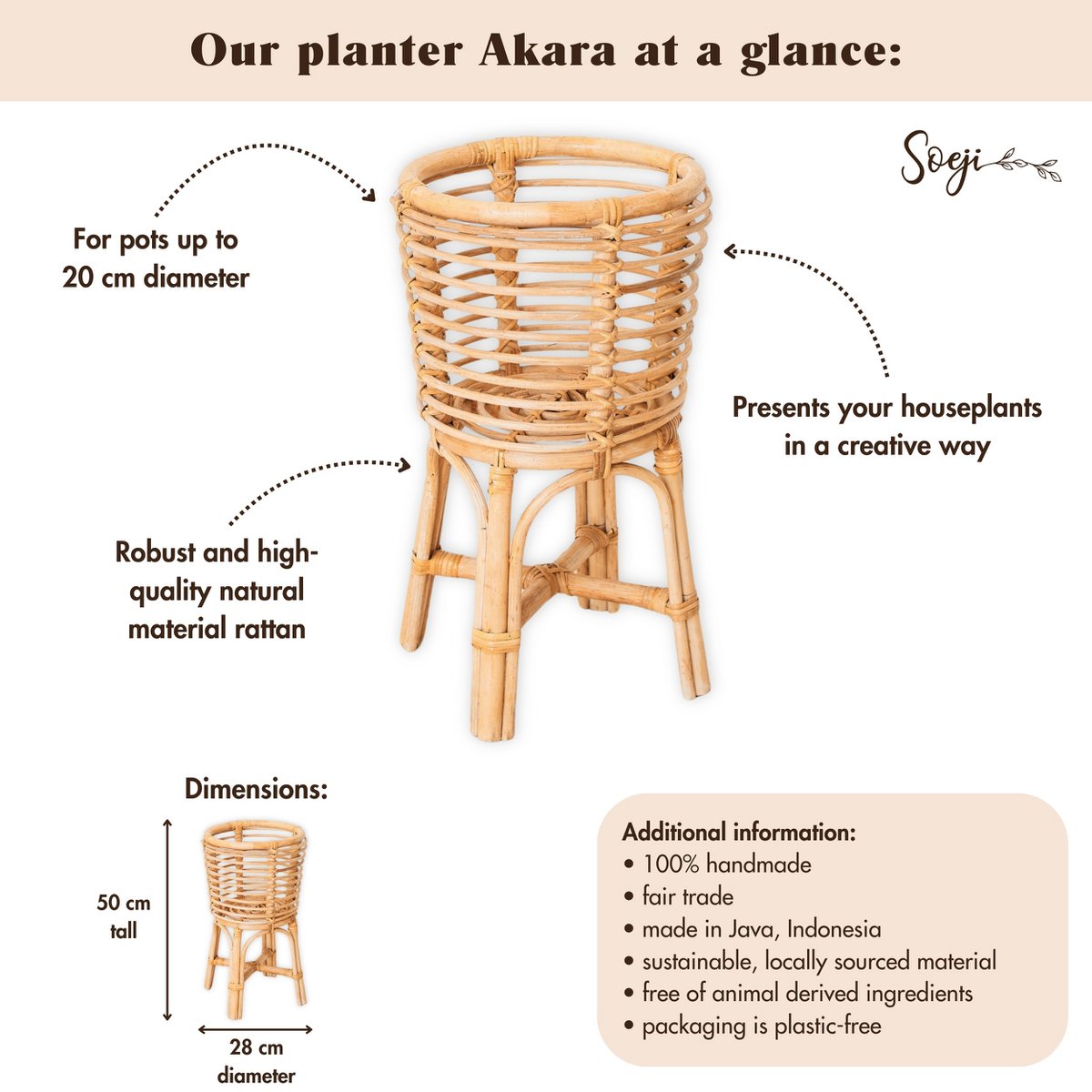 Handwoven rattan plant stand – fits pots up to Ø20 cm