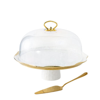 Porcelain cake dome with server - White and gold