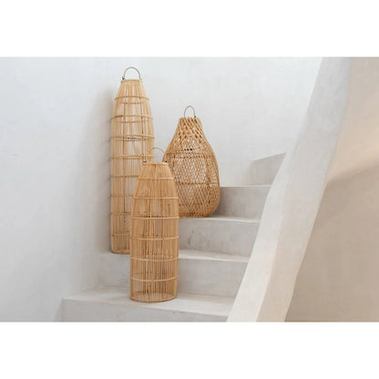 Pendellampe af rattan, 90 cm – høj silhuet i fiskeruse-stil