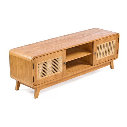 TV cabinet, teak and rattan - natural - 150 cm wide