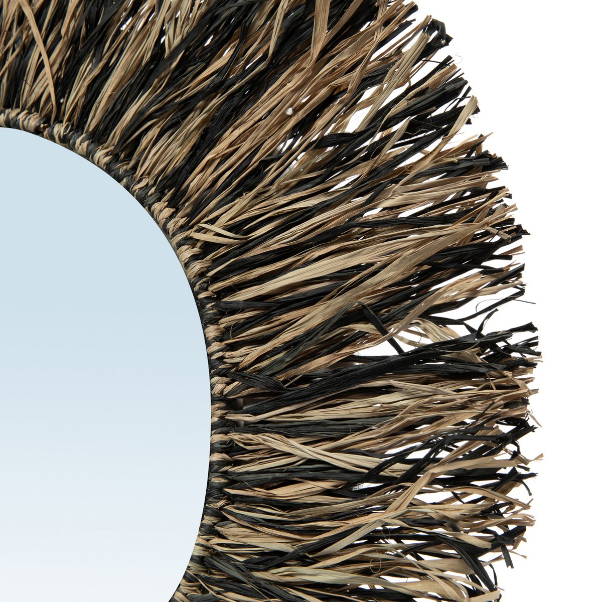 Raffia mirror round natural black fringe - 55 cm