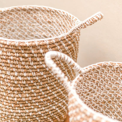 Vasketøjskurv, rund, i jute og bomuld, M – 30 × 34 cm