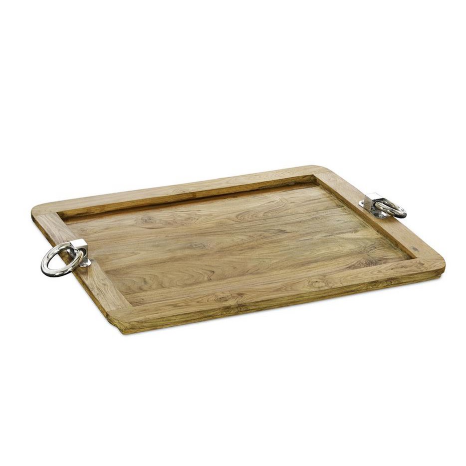 Serveringsbakke i teak med stålhåndtag, 61 × 44 cm