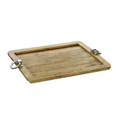Teak serving tray with steel handles, 61 × 44 cm