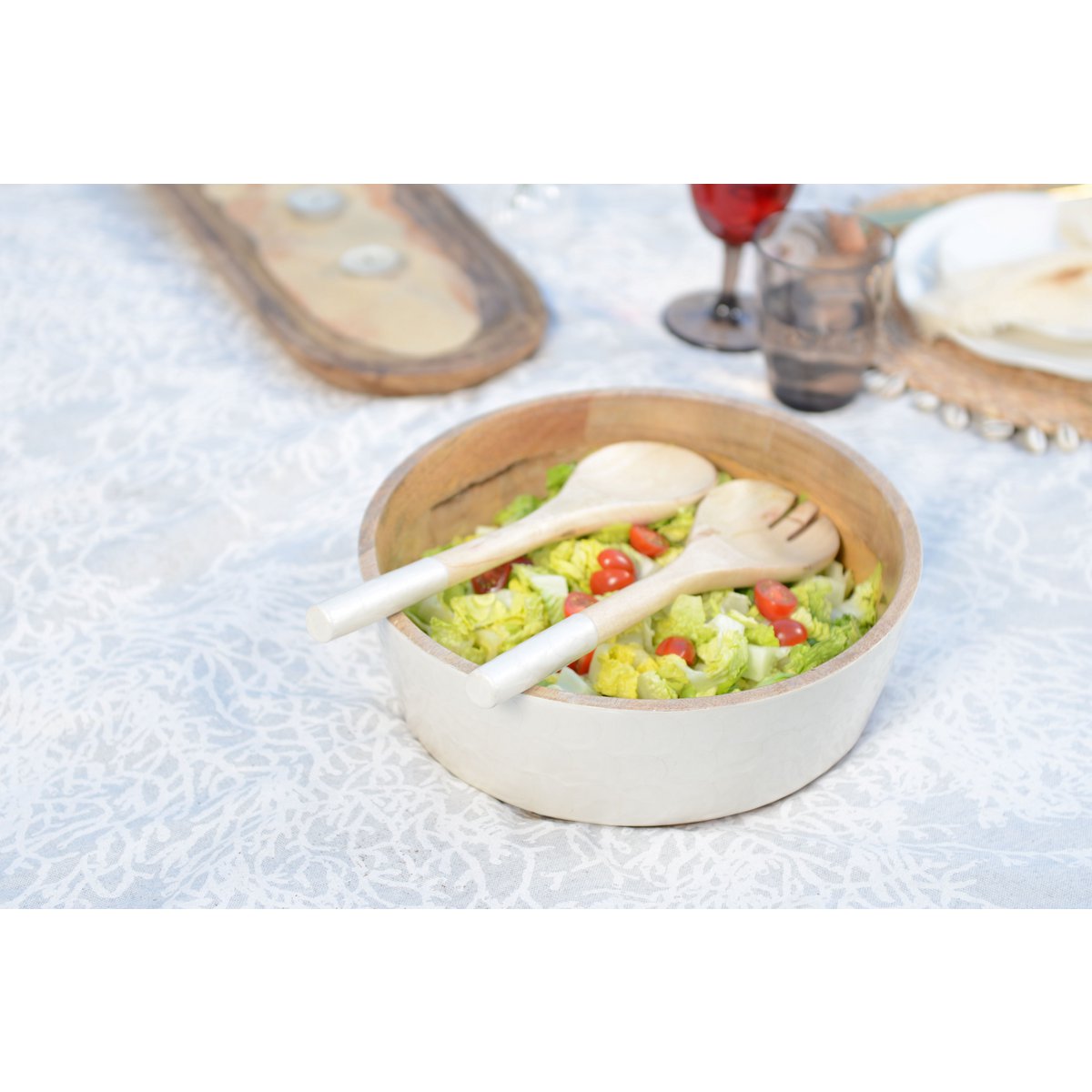 Mango wood salad bowl with servers - handmade