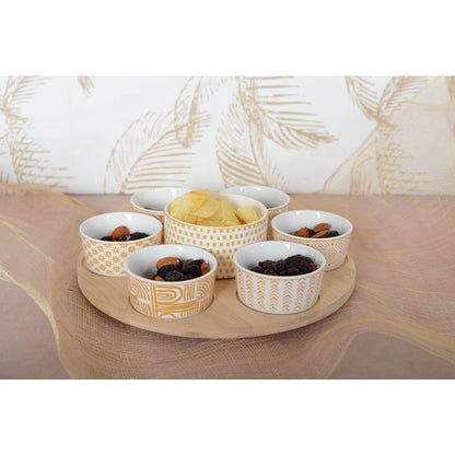 Aperitif set, 7 cups on round wooden tray - 30 cm
