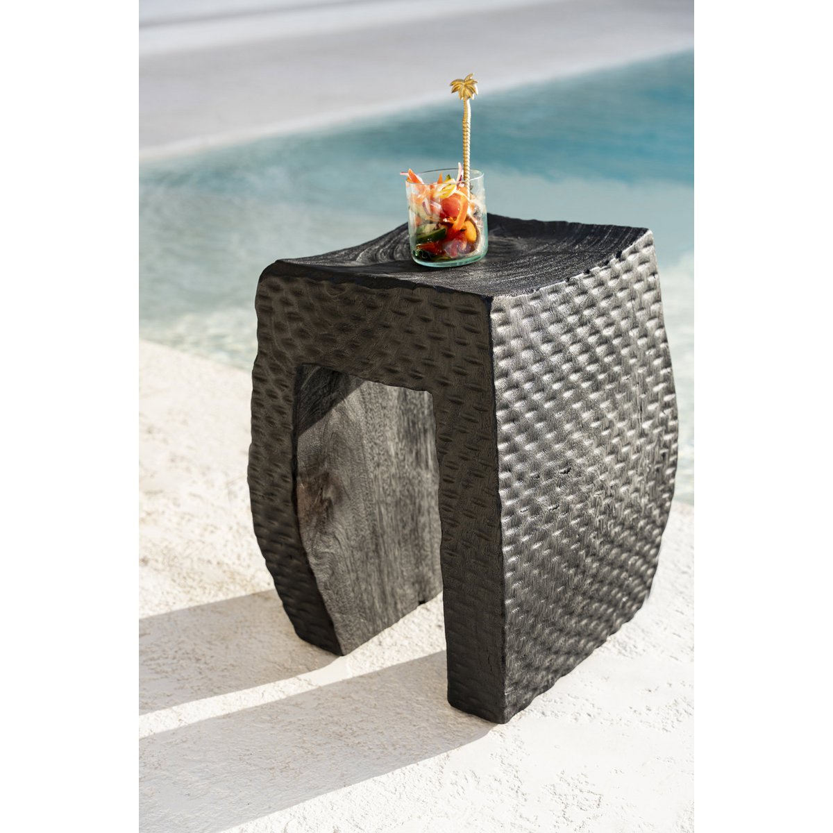 Wood stool 38×47 cm - black finish, made in Indonesia