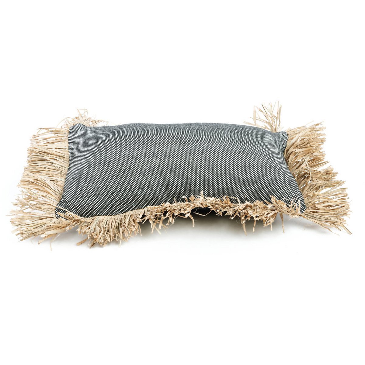 Cotton cushion cover with raffia fringe, 30×50 cm - Black dotted