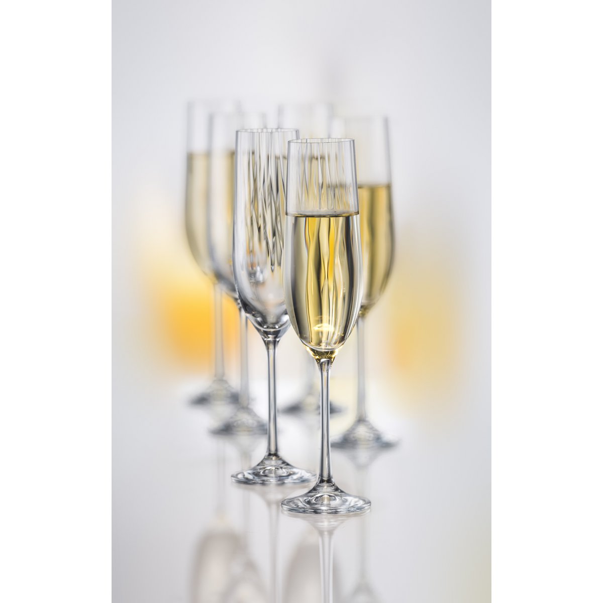 Glass champagne flutes, clear set of 6 - waterfall design