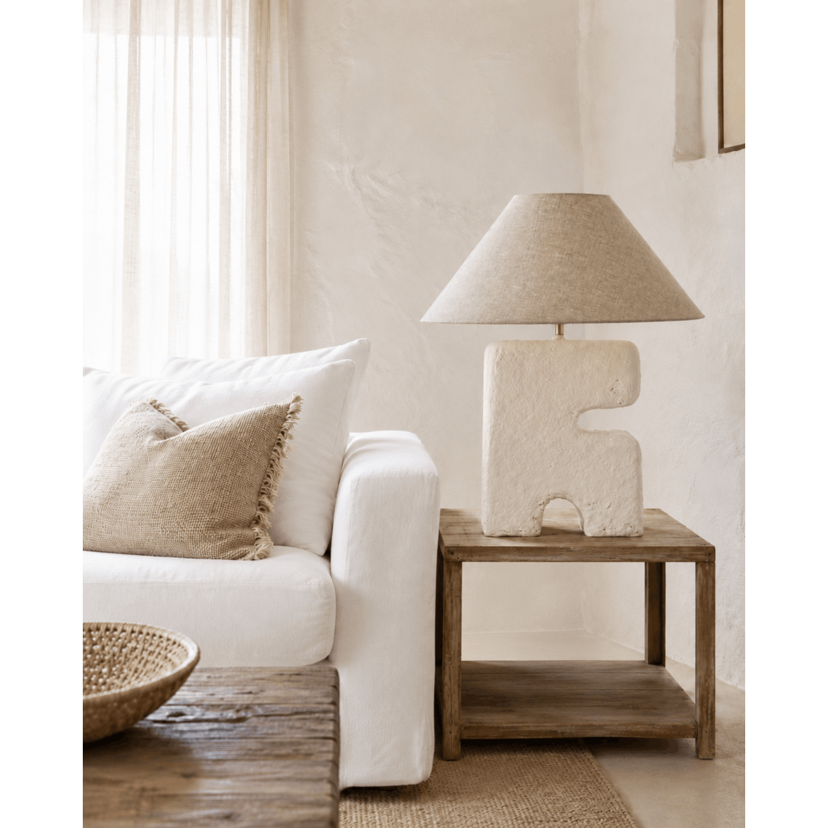 Papier-mâché table lamp, white, large - handmade