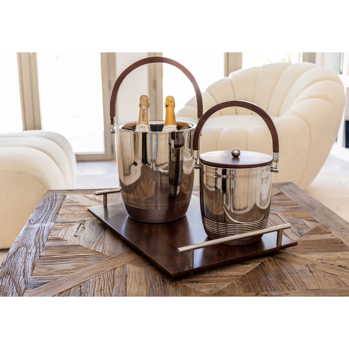Wood and steel wine cooler, 25×25×28 cm - double-walled