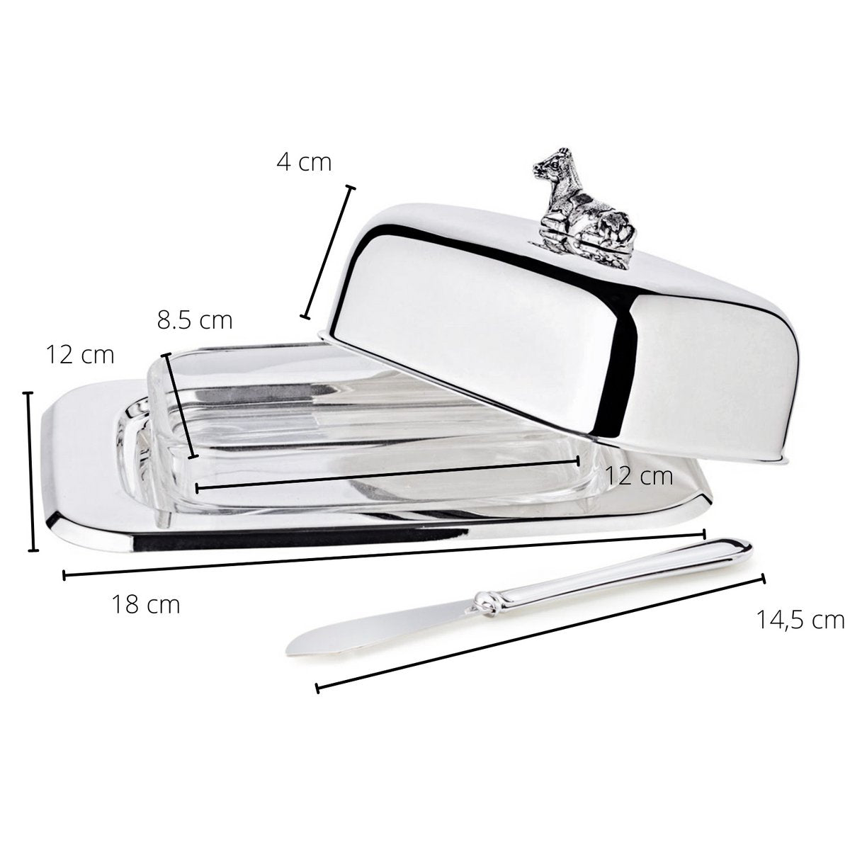 Silver steel butter dish with knife, 18 cm - Cow