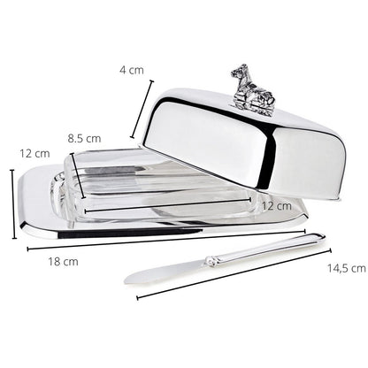 Silver steel butter dish with knife, 18 cm - Cow