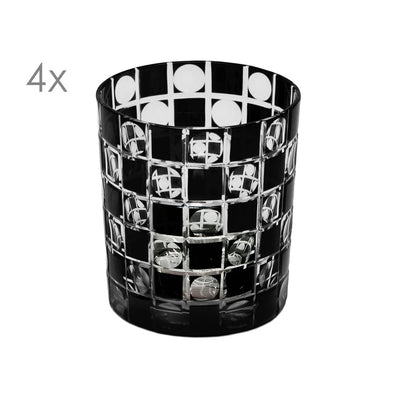 Håndskårne krystalglas Diego, sort, sæt med 4 - 9 cm