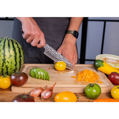 440C steel santoku knife 180 mm - hammered blade with bamboo saya