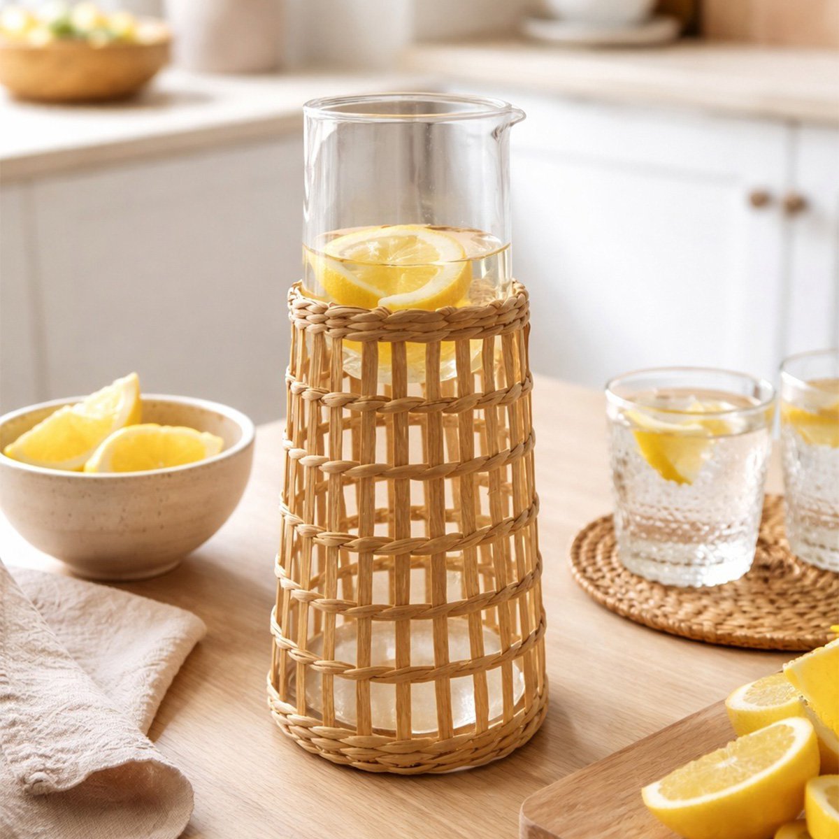 Karaffe aus Glas und Rattan 28 cm – transparent mit braunem Detail