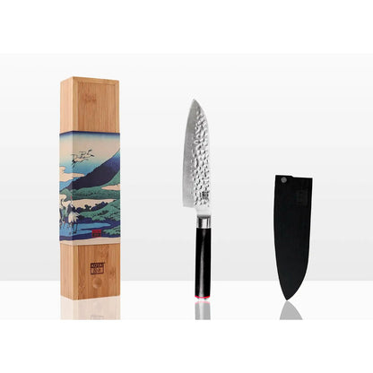 440C steel santoku knife 180 mm - hammered blade with bamboo saya