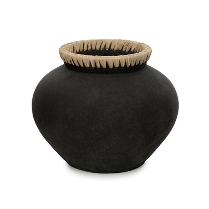 Terracotta vase with raffia, tall - 27 cm