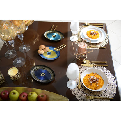 Glass serving plate, blue and gold oval - 22×15.5 cm