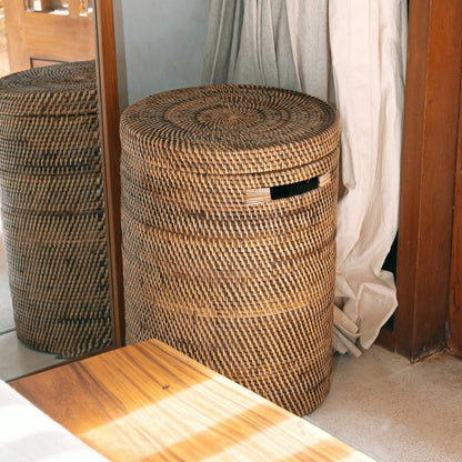 Vasketøjskurv i rattan med låg Ø 36 cm – rund, brun