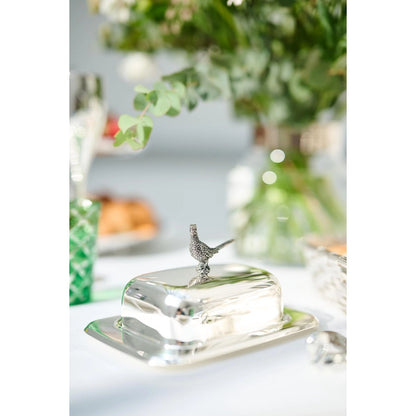 Silver steel butter dish with knife, 18 cm - Pheasant