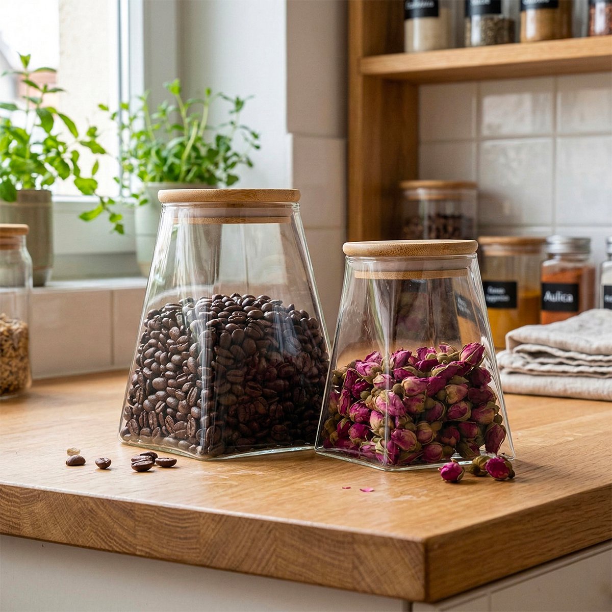 Triangular glass storage jar with wood lid - 910ml