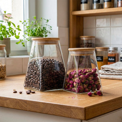 Triangular glass storage jar with wood lid - 910ml