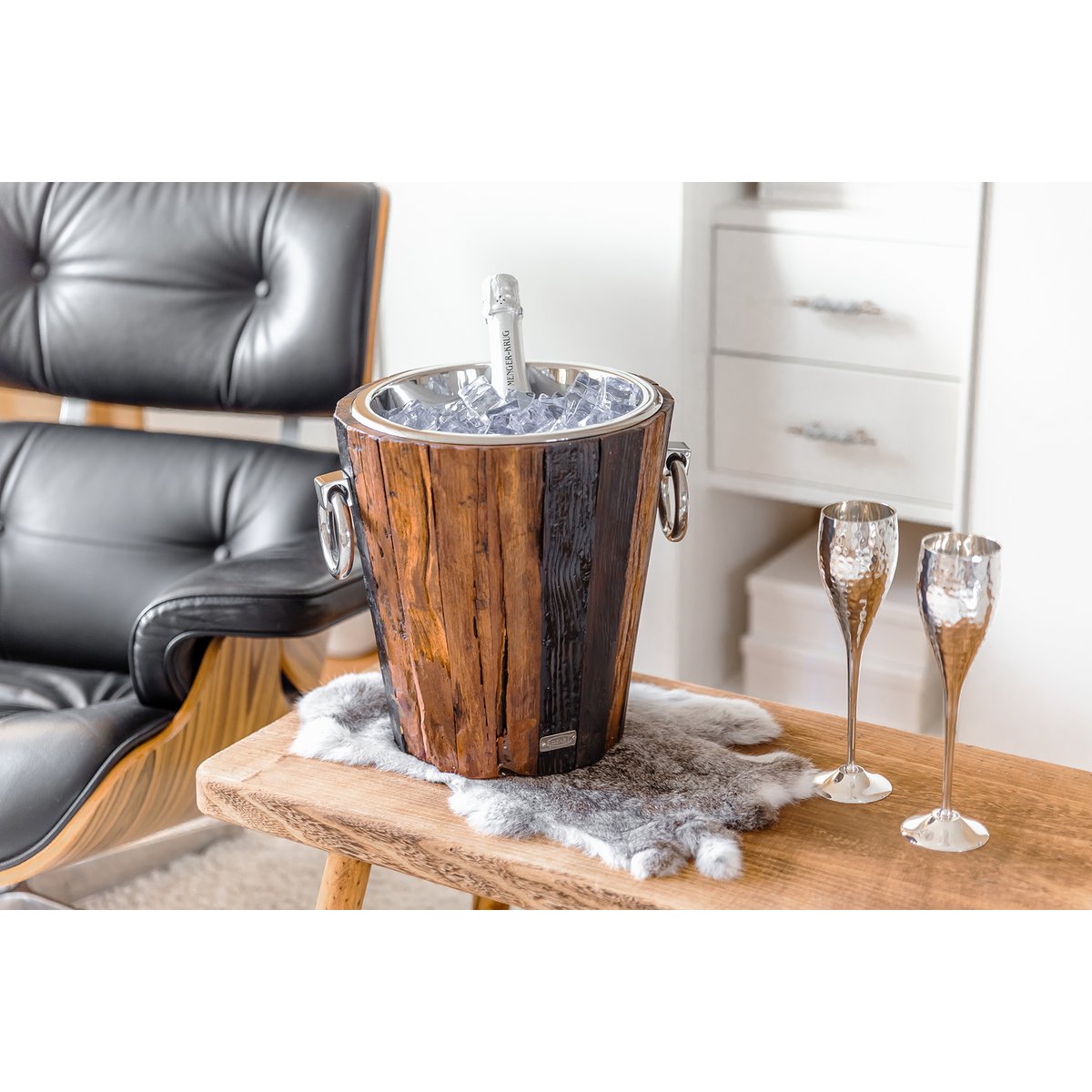 Weinkühler Providence aus Edelstahl, 28 cm – Teak und Silber