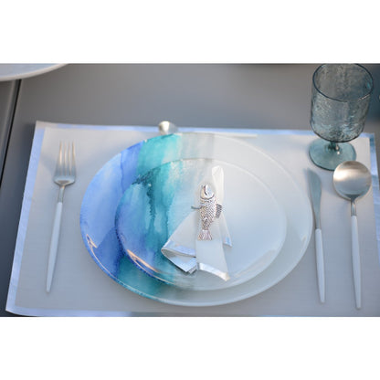 Disposable charger plates, silver border 31.5 × 45 cm - roll of 32