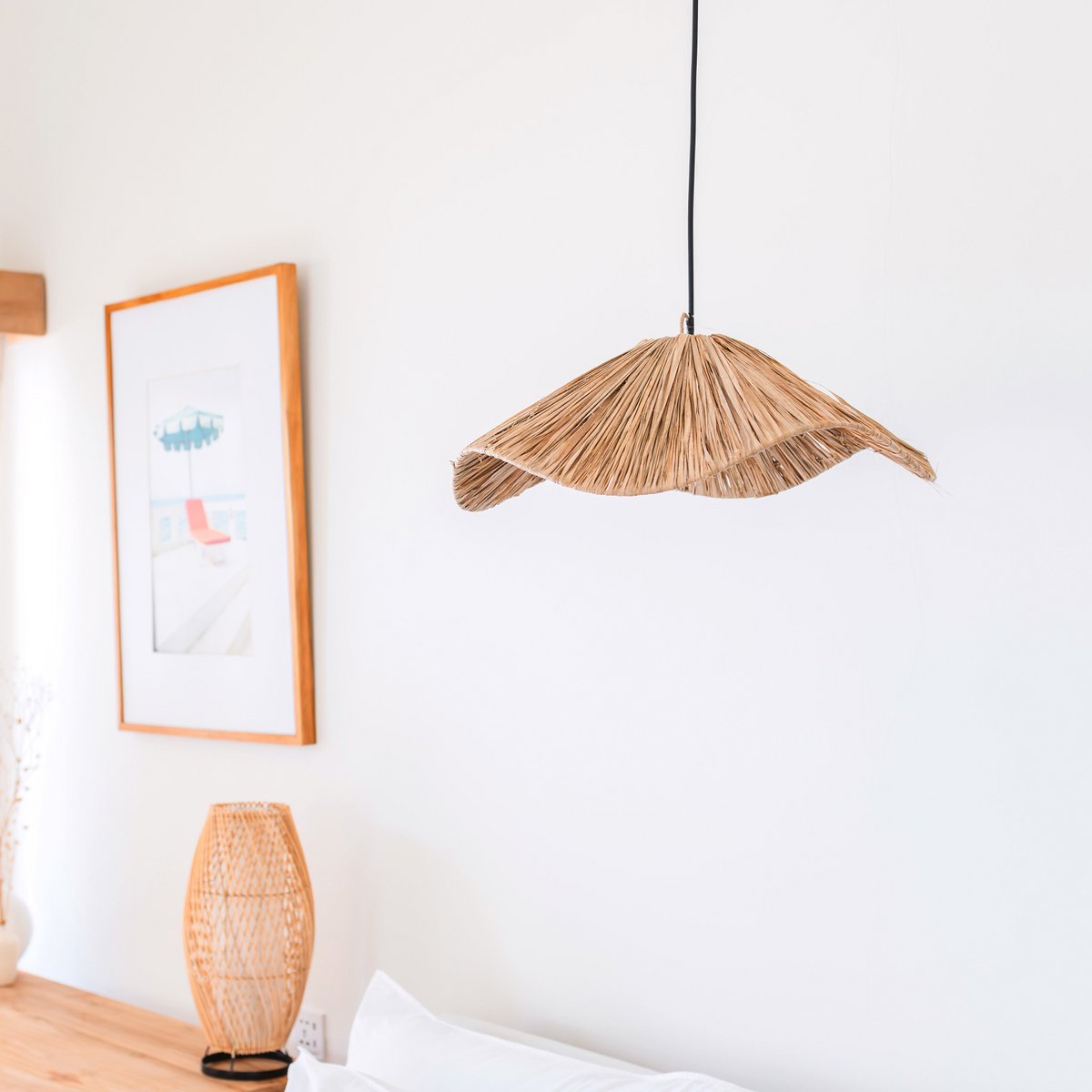 Seegras Pendelleuchte Ø 53 cm – breiter, flacher Schirm, beige und grün