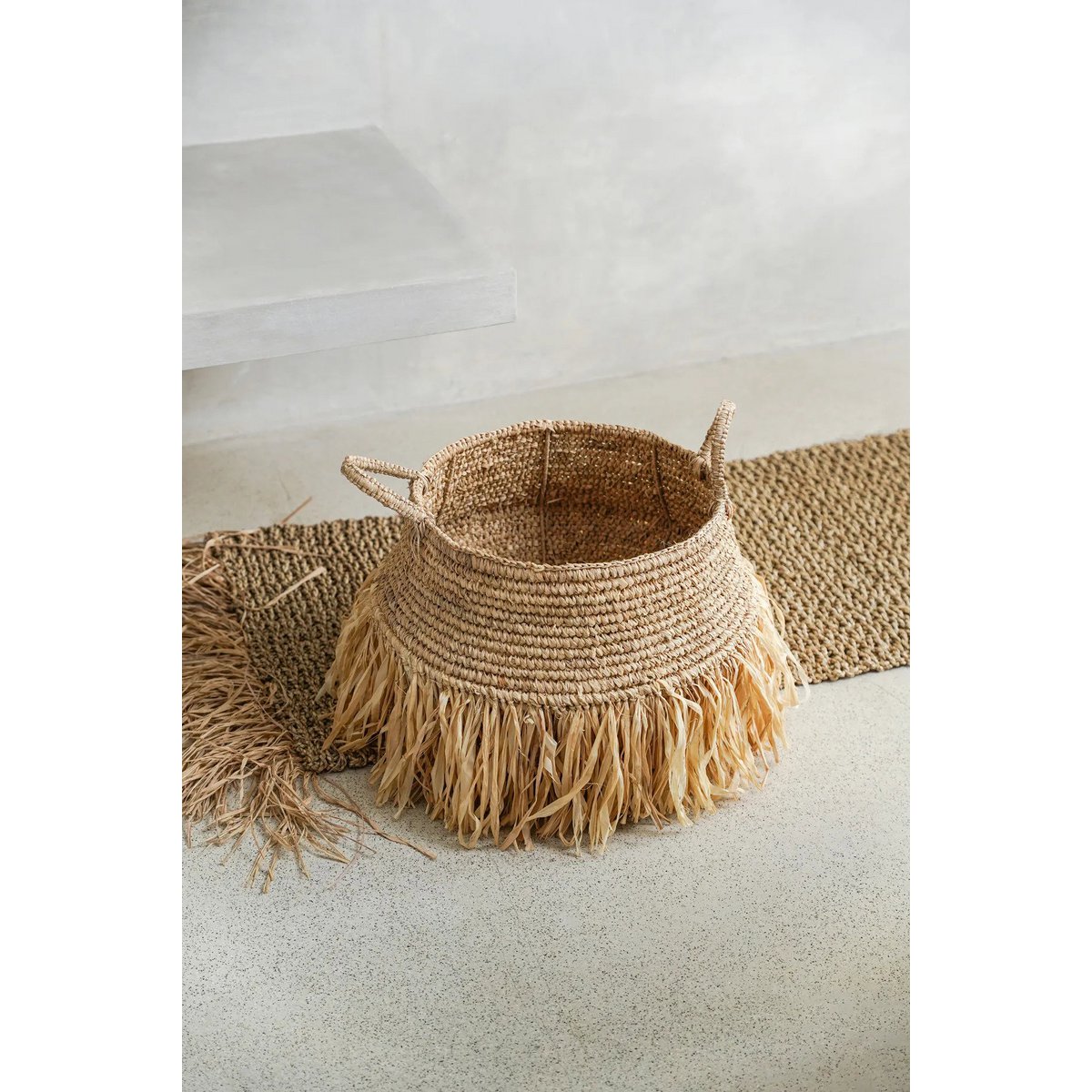 Raffia basket with fringe - Medium, beige, 36 cm