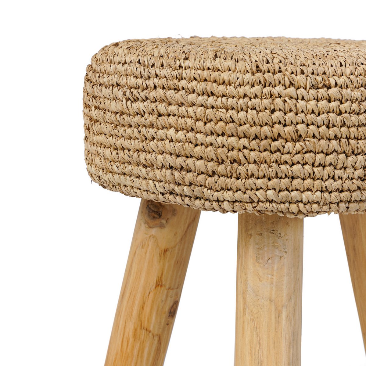 Skammel i teak og raffia, 35 cm - håndlavet