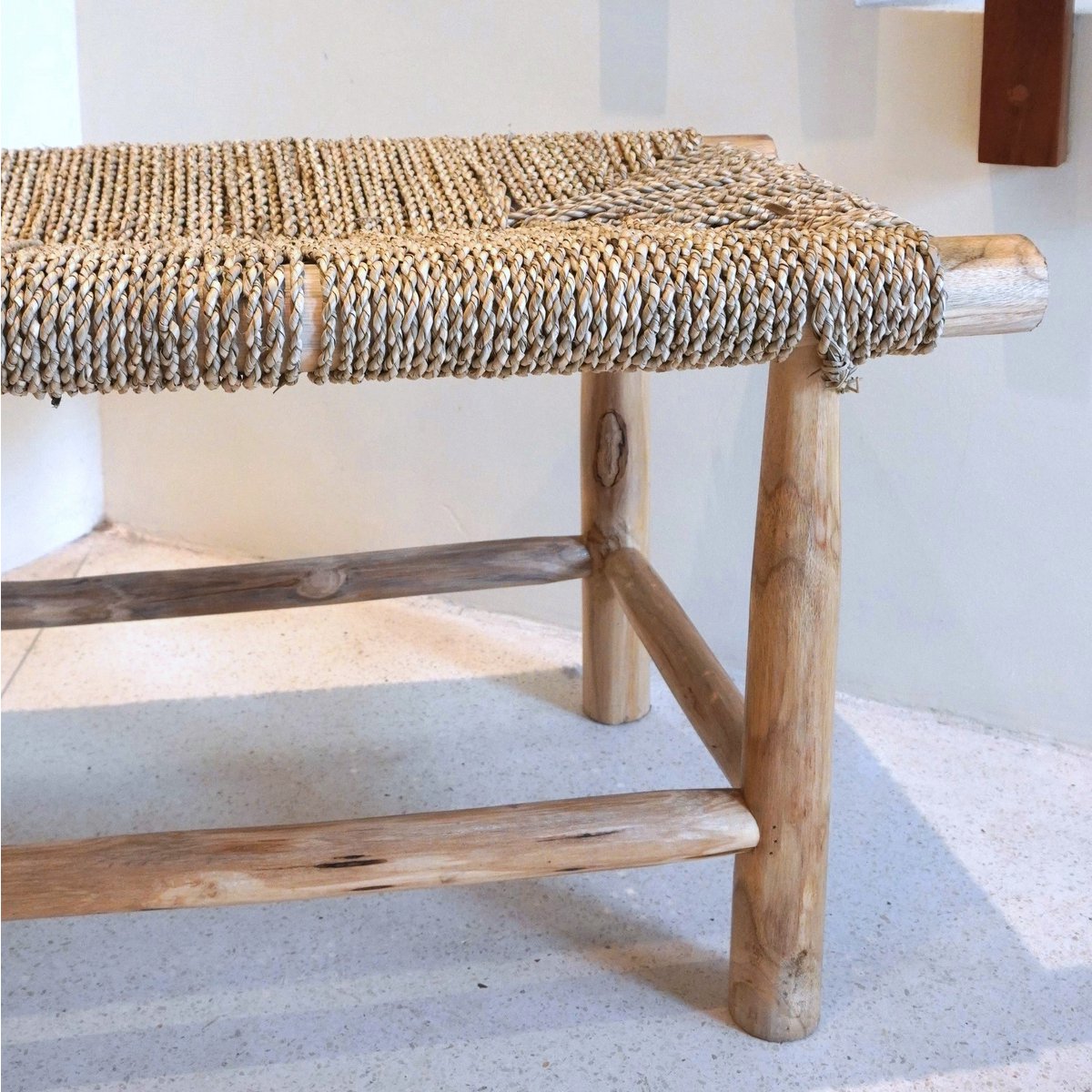 Solid wood bench Sungai beige - woven seagrass seat