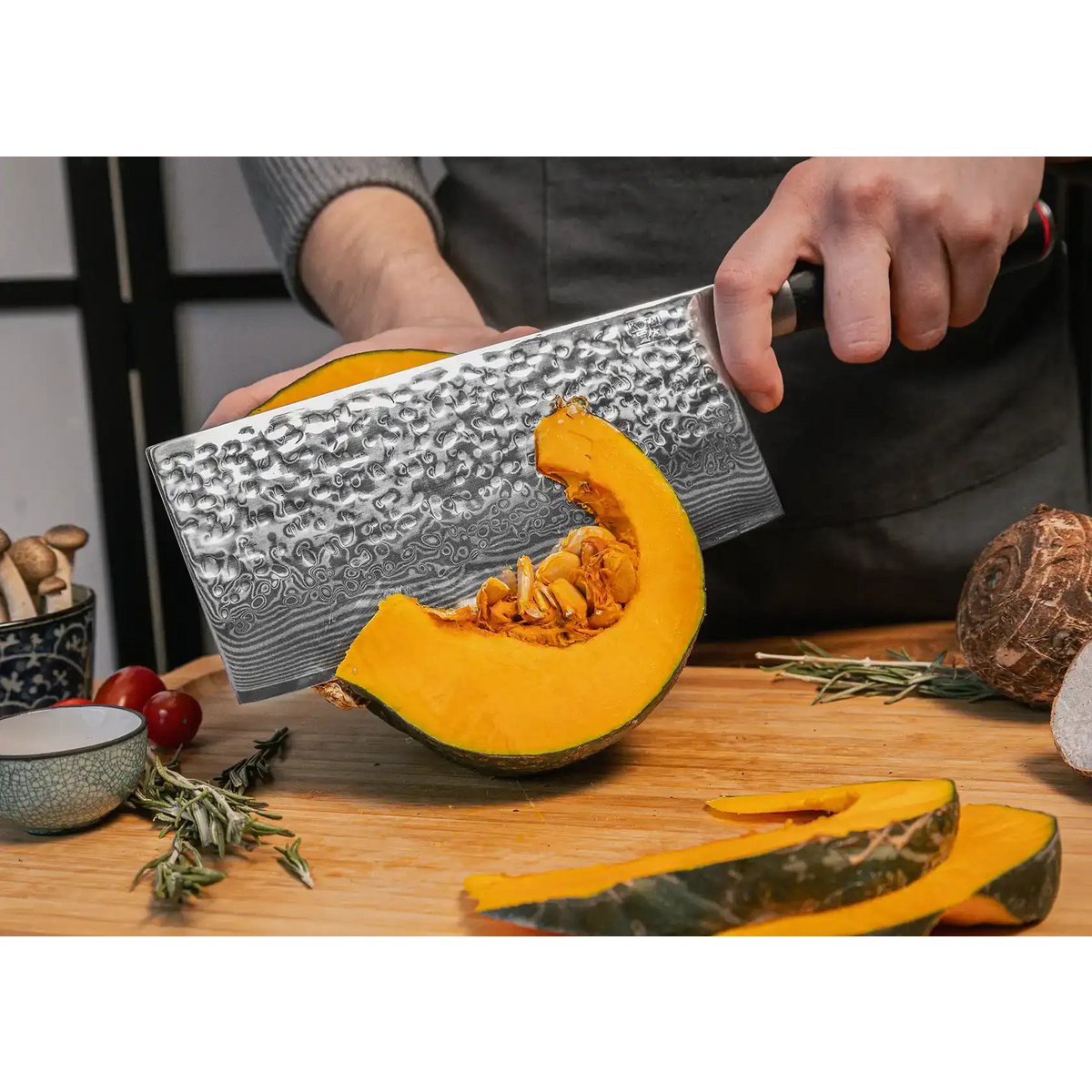 Damascus steel cleaver knife 190 mm - wood handle