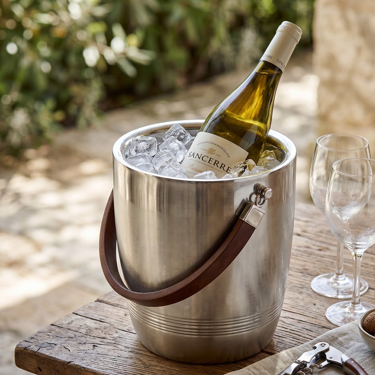 Wood and steel wine cooler, 25×25×28 cm - double-walled