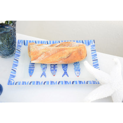 Glass serving platter, blue – rectangular, 35 × 25 cm
