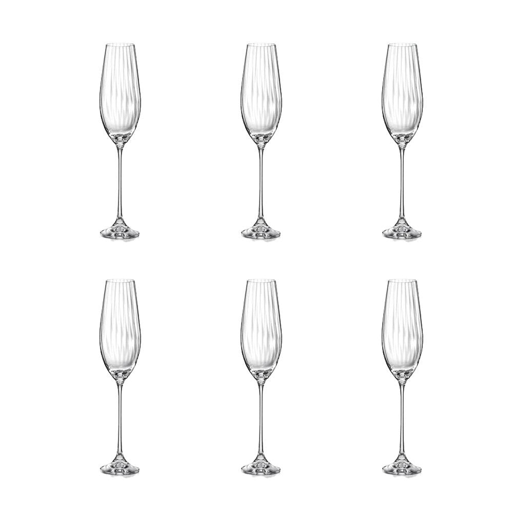 Glass champagne flutes, clear set of 6 - waterfall design