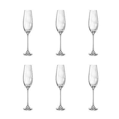 Glass champagne flutes, clear set of 6 - waterfall design