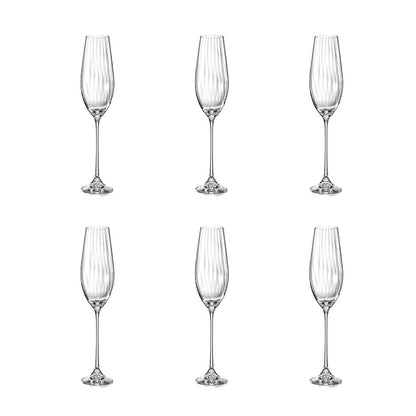 Glass champagne flutes, clear set of 6 - waterfall design
