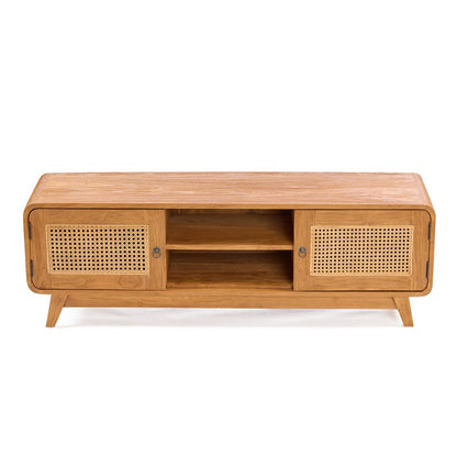 TV cabinet, teak and rattan - natural - 150 cm wide