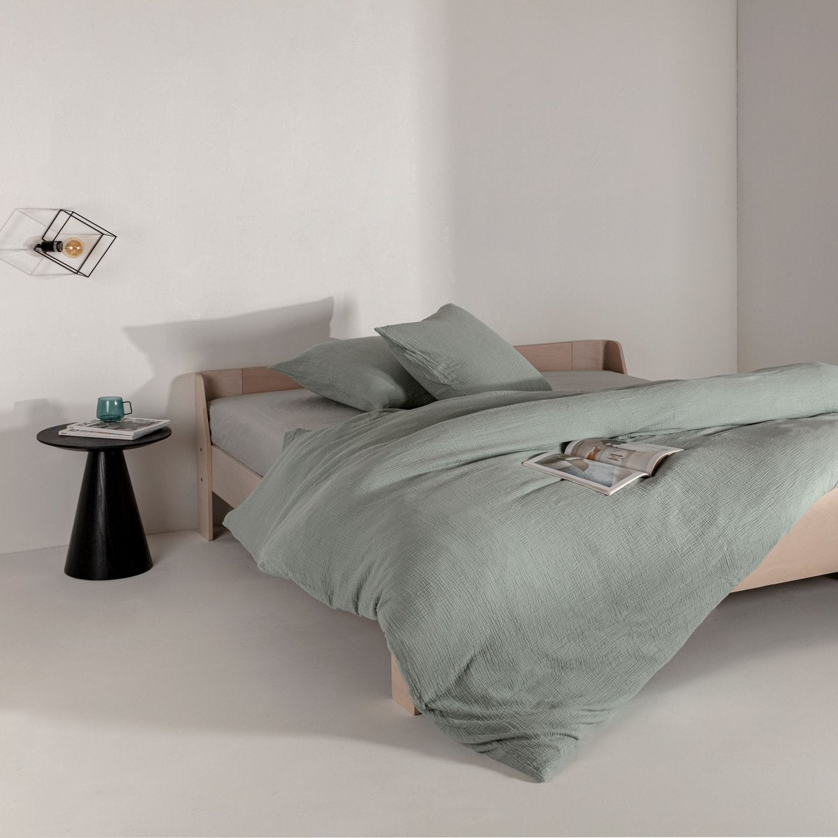 Cotton muslin duvet cover, sage green - no iron