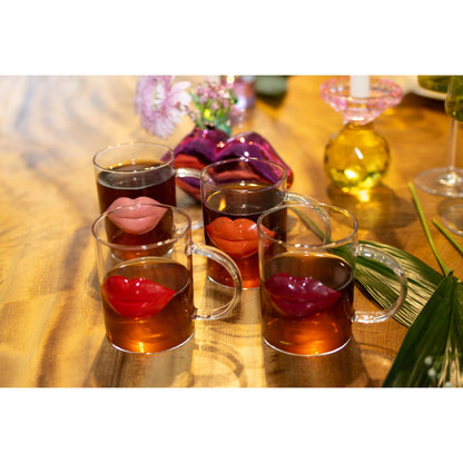 Glass mugs kiss, set of 4 - red & transparent