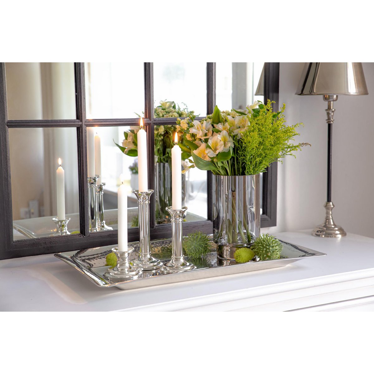 Hand-blown dark glass lantern Isla, 21cm - platinum edge