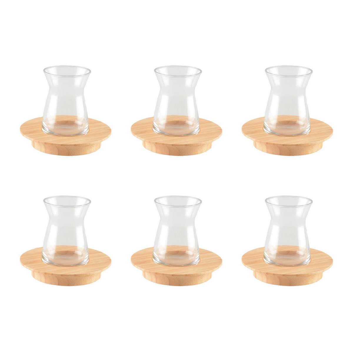 Glass tea cups with wooden saucers, set of 6