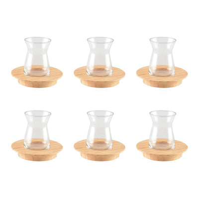 Glass tea cups with wooden saucers, set of 6