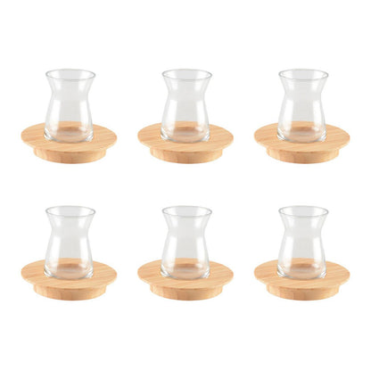 Glass tea cups with wooden saucers, set of 6