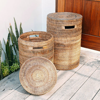 Vasketøjskurv i rattan med låg Ø 36 cm – rund, brun